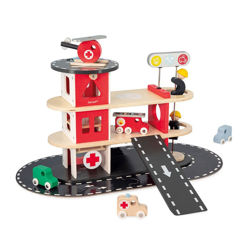 Fire Station with 5 Vehicles - Janod - jiminy eco - toys