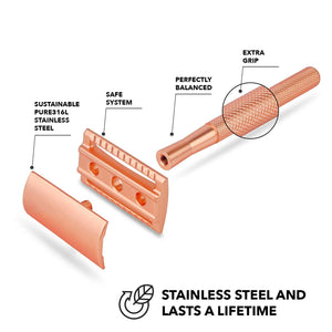 Safety Razor Stainless Steel + 20x Blades - Rose Gold