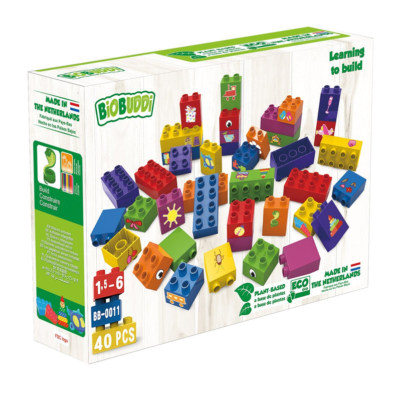 BiOBUDDi building blocks made from plants - universal bricks and base plates - jiminy eco-toys