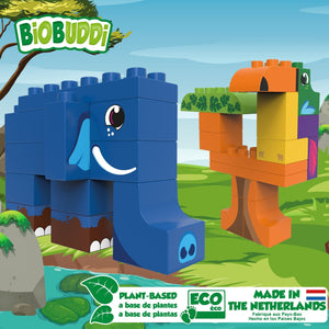 BiOBUDDi Jungle - Elephant and Toucan - bioplastic building blocks from plants - jiminy eco-toys