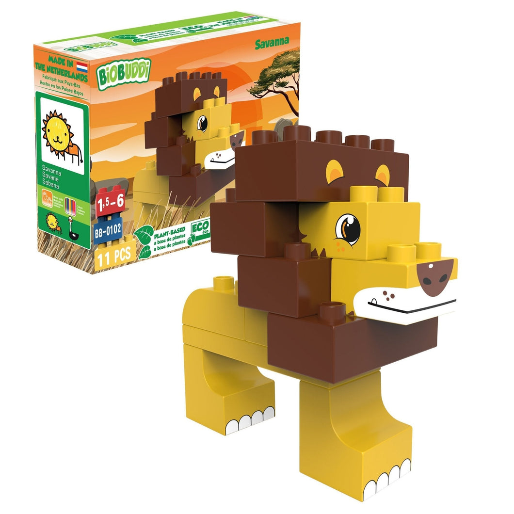 BiOBUDDi Savannah - Lion or Ostrich 2-in-1 - bioplastic building blocks from plants - jiminy eco-toys