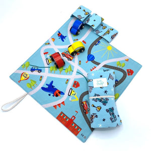 CarPet Organic - Roll-Up-and-Go Roads Playmat with 3 Wooden Cars - jiminy eco-toys