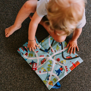 CarPet Organic - Roll-Up-and-Go Roads Playmat with 3 Wooden Cars - jiminy eco-toys