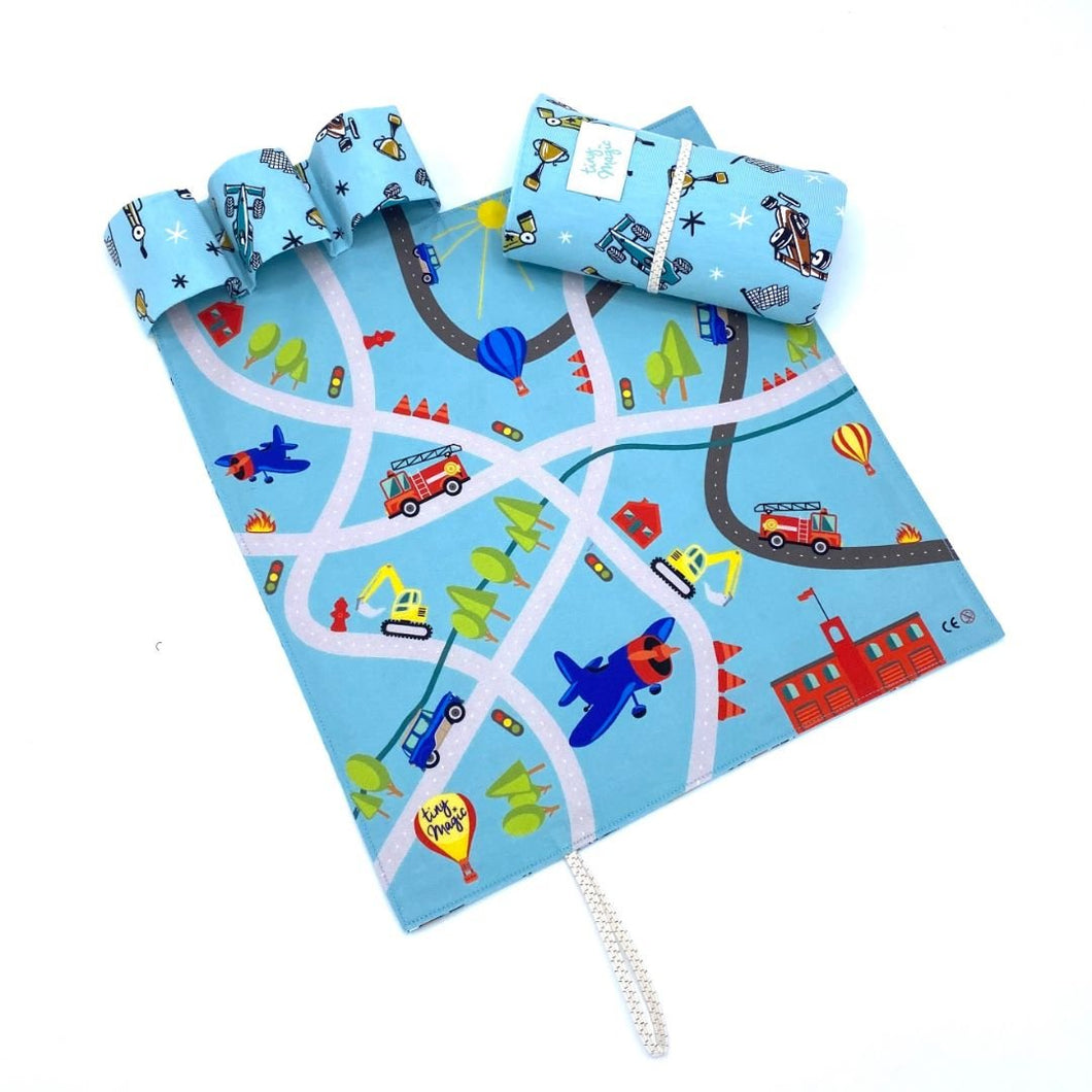 CarPet Organic - Roll-Up-and-Go Roads Playmat with Slots for Toys (cars not included) - jiminy eco-toys