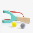 Load image into Gallery viewer, Catapult handmade from natural wood and rubber - yellow, coral, mint colours - jiminy eco-toys