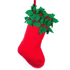 Handmade Felt Biodegradable Christmas Holly Stocking - red (MADE FAR AWAY) - jiminy eco-toys