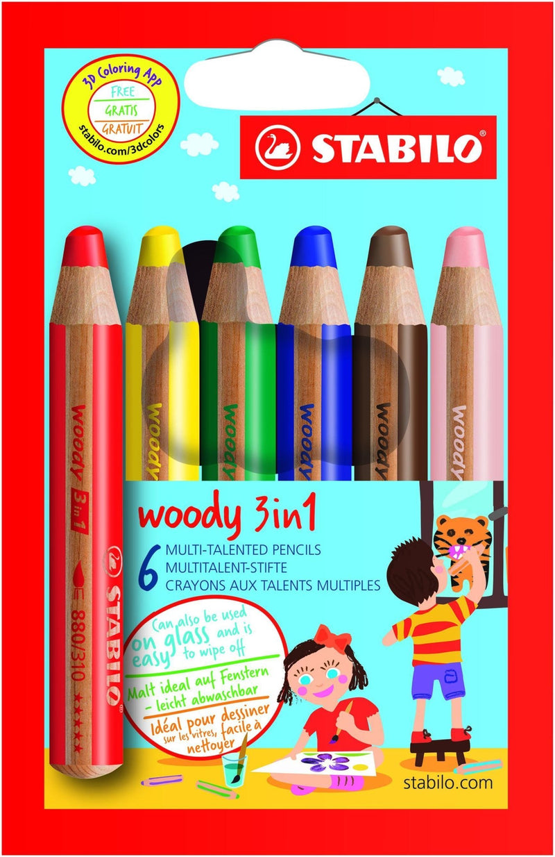 STABILO - Woody 3 in 1 Multi-Media Watercolour Pencils - Jumbo Easy-Grip -  Pack of 18 with Sharpener and Brush