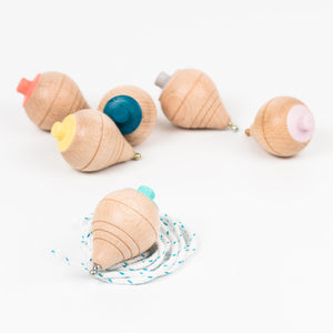 Wooden spinning top with string - yellow, coral, mint colours - jiminy eco-toys