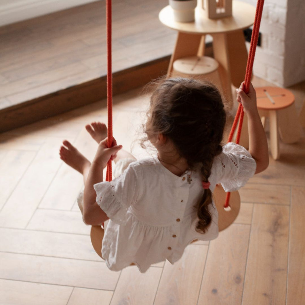 Wooden Swing with terracotta coloured cotton rope and clips (for indoors or outdoors) - jiminy eco-toys
